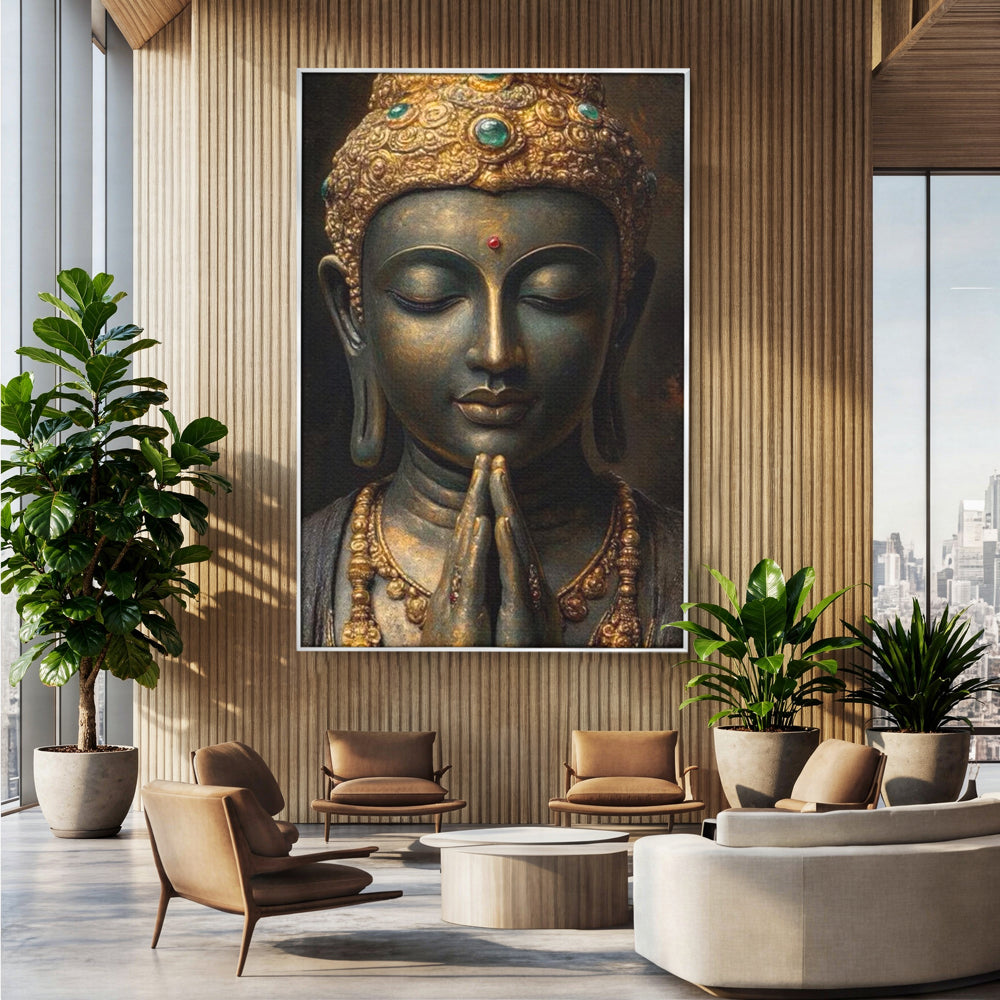 Tablou canvas cu tablou canvas cu buddha in rugaciune, in rama de aluminiu argintiu, pe perete intr-un birou